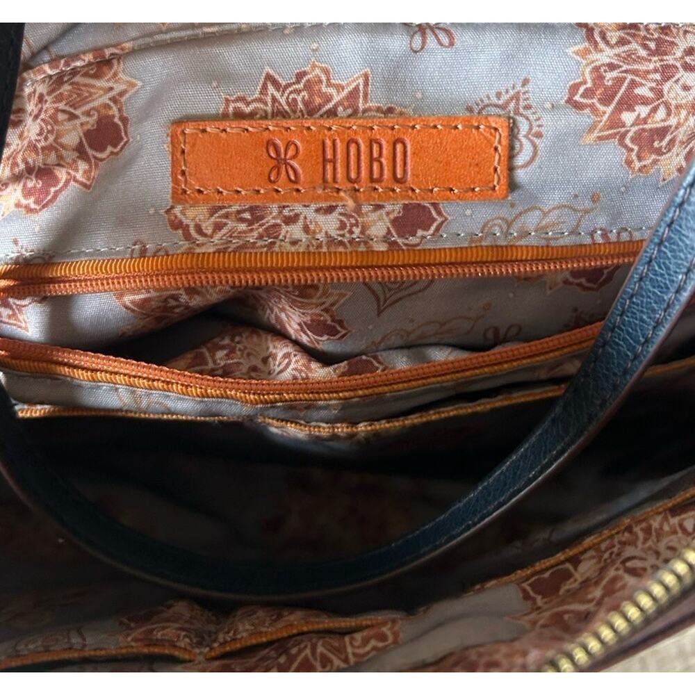 HOBO Leather Shoulder Tote Bag Blue Teal Zip Top Floral Lining Medium + Dust Bag - Picture 2 of 16
